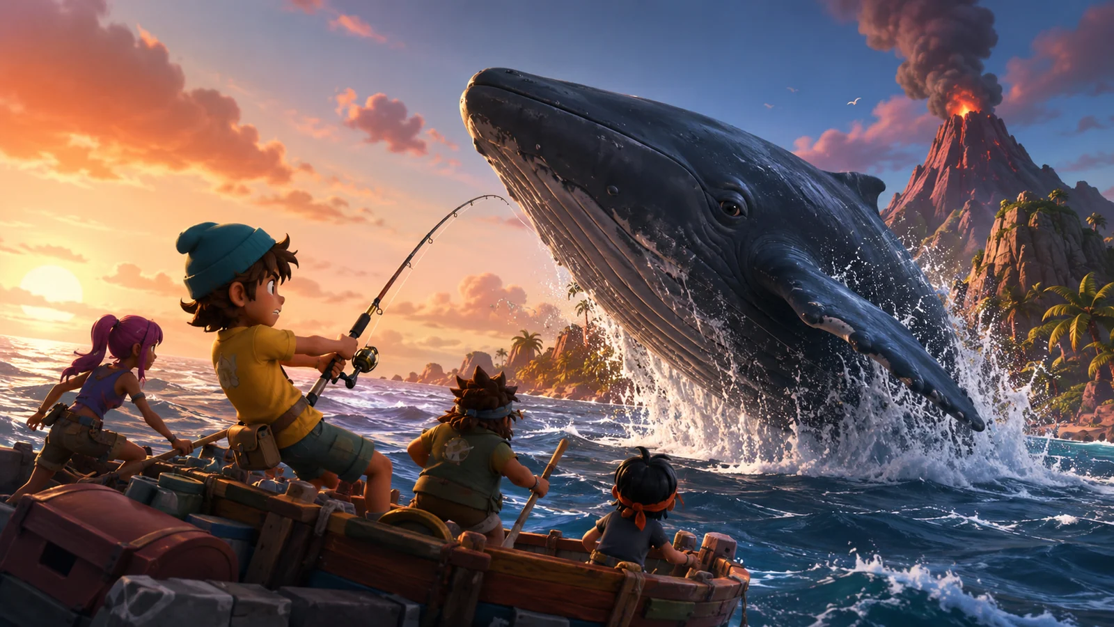 Illustrated guide art for How to Fish Whale Boss: Scientist Quest & Volcano Step